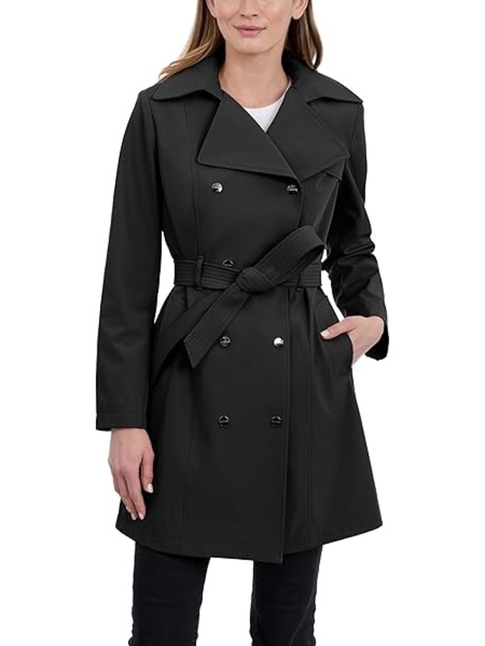 Nine West Classic Black Double-Breasted Trench Coat with Belt